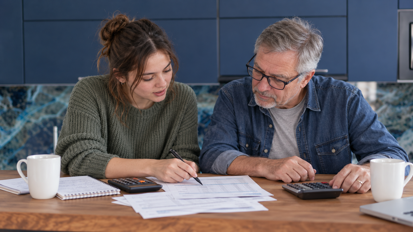 Une jeune femme et un homme aux cheveux gris examinent ensemble des documents, calculatrices en main, autour d'une table.