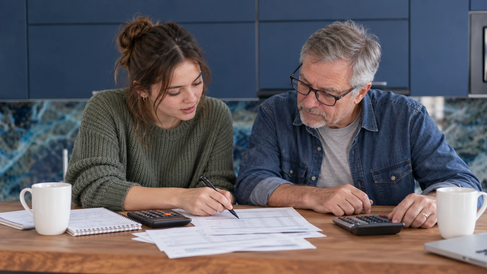Une jeune femme et un homme aux cheveux gris examinent ensemble des documents, calculatrices en main, autour d'une table.