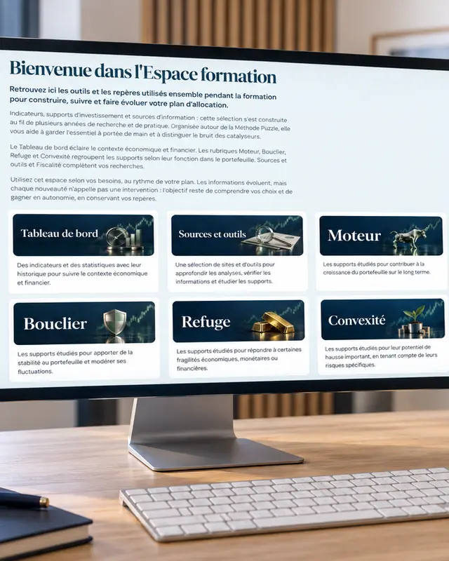 L'Espace formation La Méthode Puzzle affiché sur un écran, avec ses rubriques Tableau de bord, Sources et outils, Moteur, Bouclier, Refuge et Convexité